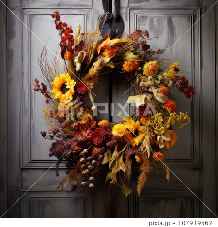 A wreath of autumn flowers on the front door for Thanksgiving 107919667