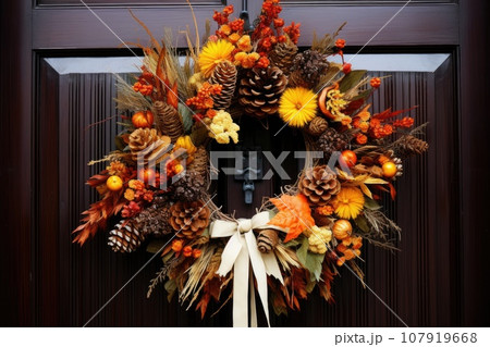 A wreath of autumn flowers on the front door for Thanksgiving 107919668