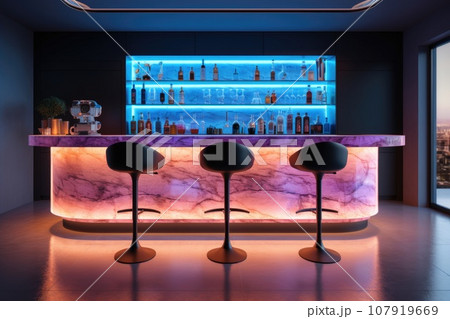Modern kitchen with a bar counter and neon lighting 107919669