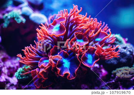A bright underwater world with coral reefs 107919670