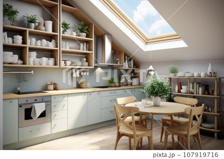 Small white kitchen with dining table Small white kitchen with dining table 107919716