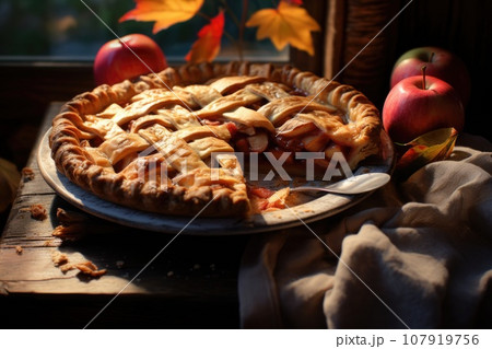 Apple pie on a wooden table 107919756