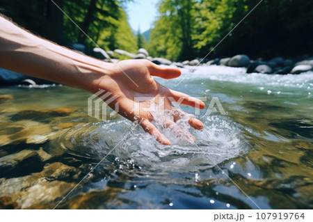 A man's hand touches seawater A man's hand touches seawater 107919764