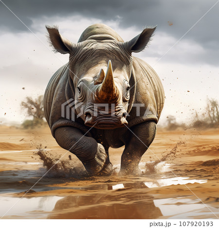 Image of a large adult rhinoceros. Wildlife Animals., Generative AI, Illustration. Image of a large adult rhinoceros. Wildlife Animals., Generative AI, Illustration. 107920193