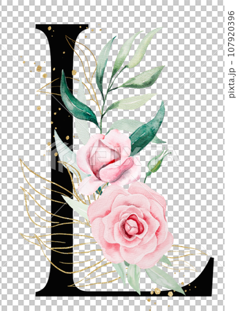 Black letter L with pink watercolor flowers and green and golden leaves, isolated illustration 107920396