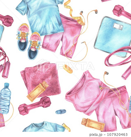 Fitness for women Seamless Pattern. Watercolor illustration of pink sports wear and equipment. Hand drawn exercise tool on white background. Ornament of workout objects for shops and gyms Fitness for women Seamless Pattern. Watercolor illustration of pink sports wear and equipment. Hand drawn exercise tool on white background. Ornament of workout objects for shops and gyms 107920463