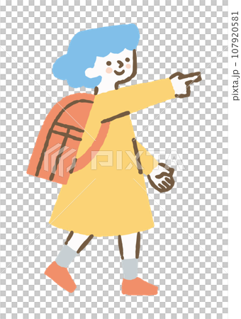 Girl carrying a school bag and pointing her finger_color Girl carrying a school bag and pointing her finger_color 107920581