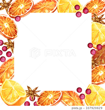 Watercolor square frame with spices, orange and berries, ingredients of mulled wine, hand drawn sketch, winter illustration isolated on white background 107920829