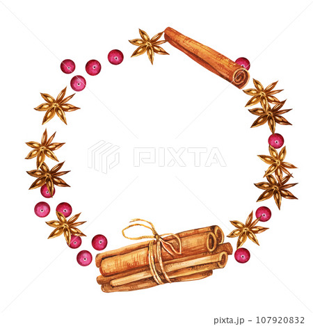 Watercolor wreath with spices, cinnamon, anis and berries, ingredients of mulled wine, round frame, hand drawn sketch, winter illustration isolated on white background Watercolor wreath with spices, cinnamon, anis and berries, ingredients of mulled wine, round frame, hand drawn sketch, winter illustration isolated on white background 107920832
