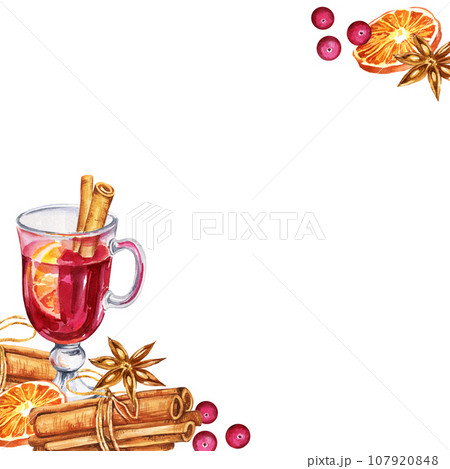Watercolor square frame with a glass of mulled red wine and orange, cinnamon, berries and spices, hand drawn sketch, food illustration of drink isolated on white background 107920848