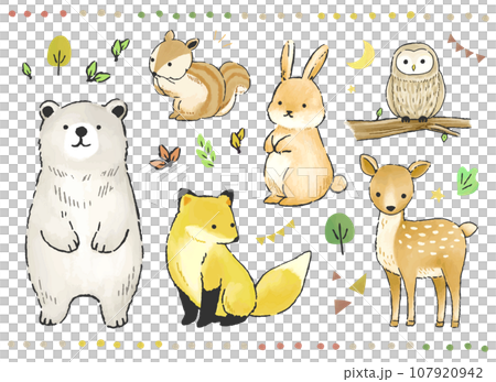 Hand drawn cute animals and plants illustration set 107920942