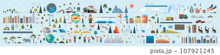 Climate change concept infographic elements. Global warming illustration. Global environmental problems. Climate change big set with icons. Sustainability ecology with high pollution earth Save planet 107921245