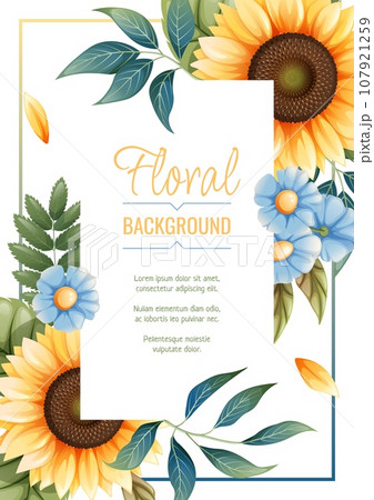 Greeting card template with sunflowers, blue daisies. Flyer, banner with autumn wildflowers. Design for wedding invitation and party. 107921259