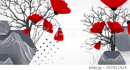 Art concept. Abstract mountains forms with Silhouette of a tree and red poppy flowers. Art concept. Abstract mountains forms with Silhouette of a tree and red poppy flowers. 107921424