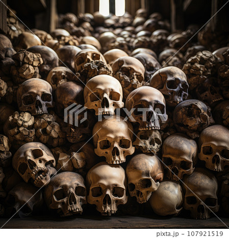 Skulls and bones covered in dust. lot of creepy human remains in dark. Abstract dark background symbolizing death, evil Skulls and bones covered in dust. lot of creepy human remains in dark. Abstract dark background symbolizing death, evil 107921519