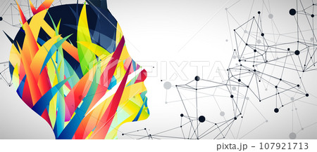 The silhouette of the human head is made with the help of colored waves and plexus effect. The silhouette of the human head is made with the help of colored waves and plexus effect. 107921713