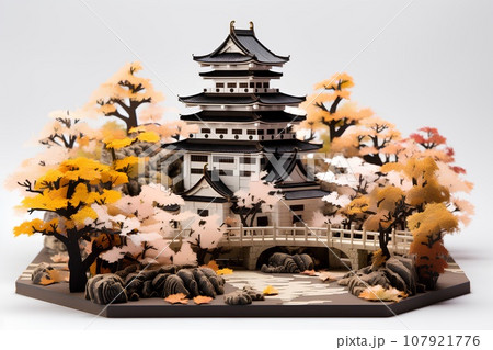 日本の城・天守閣（3D）桜 107921776