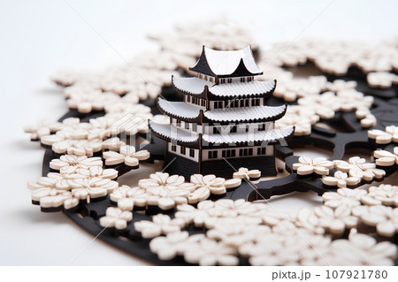 日本の城・天守閣（3D）桜 107921780