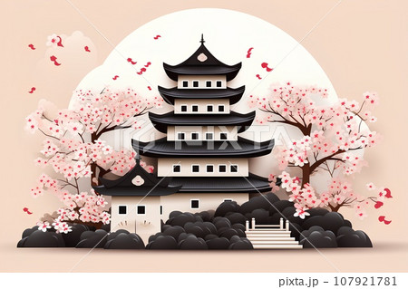 日本の城・天守閣（3D）桜 107921781