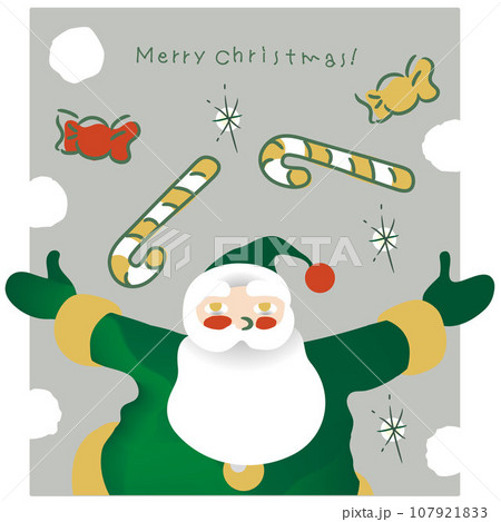 クリスマスに大きなひげの元気なサンタクロースが両手を広げているイラスト。クリスマスツリーとキャンディ クリスマスに大きなひげの元気なサンタクロースが両手を広げているイラスト。クリスマスツリーとキャンディ 107921833