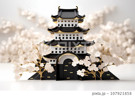 日本の城・天守閣（3D）桜 107921858