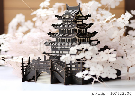 日本の城・黒い天守閣（3D）紅葉と桜 107922300