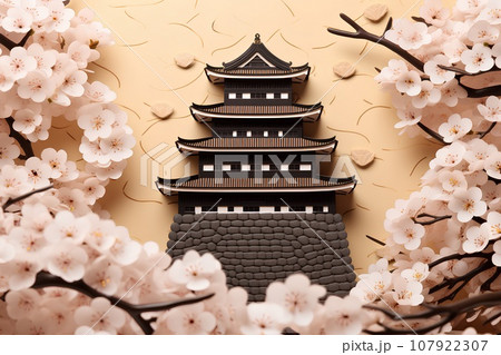 日本の城・黒い天守閣(3D)紅葉と桜 日本の城・黒い天守閣(3D)紅葉と桜 107922307