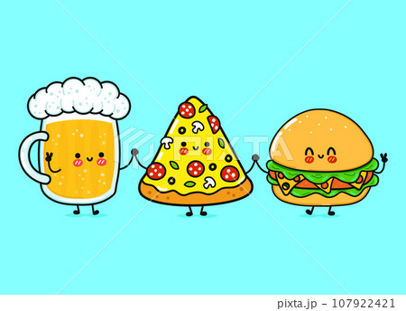 Cute, funny happy glass of beer, pizza and hamburger. Vector hand drawn cartoon kawaii characters, illustration icon. Funny cartoon glass of beer, pizza and hamburger mascot friends concept 107922421