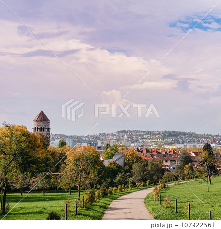 Germany, Stuttgart panorama view. Beautiful houses in autumn, Sky and nature landscape. Vineyards in Stuttgart - colorful wine growing region in the south of Germany with view over Neckar Valley 107922561