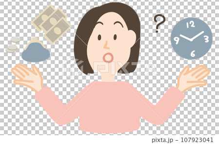 お金と時間のバランスを考える女性の上半身 107923041