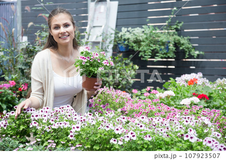 Nice european girl looking at flowers in shop Nice european girl looking at flowers in shop 107923507