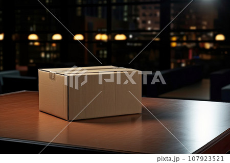 Сoncept of dismissal from work. Сlose-up cardboard box on a table in an empty night office 107923521