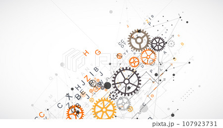Abstract  technological background  with letters, cogwheels and plexus effect. 107923731