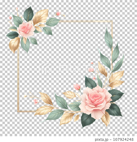 Floral round frame with pink roses, green leaves and golden crown. Floral round frame with pink roses, green leaves and golden crown. 107924248