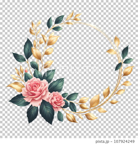 Floral round frame with pink roses, green leaves and golden crown. Floral round frame with pink roses, green leaves and golden crown. 107924249