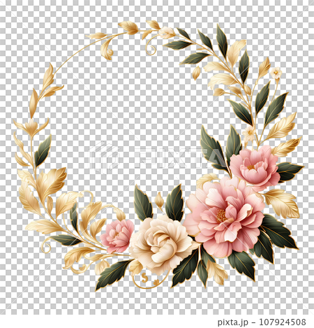 Floral frame with pink roses and golden leaves. Floral wreath. 107924508