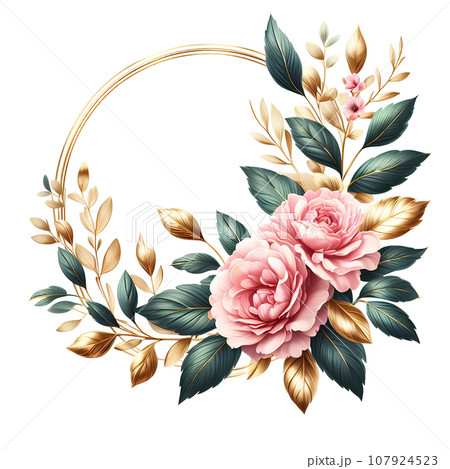 Floral frame with pink roses and golden leaves. Floral wreath. Floral frame with pink roses and golden leaves. Floral wreath. 107924523