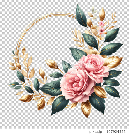 Floral frame with pink roses and golden leaves. Floral wreath. Floral frame with pink roses and golden leaves. Floral wreath. 107924523