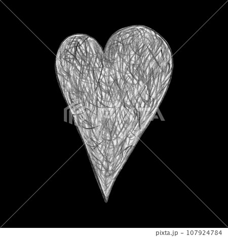 Black and White Heart Drawn by Pencil. The Sign of World Heart Day. Symbol of Valentines Day. Heart Shape Isolated on Black Background. 107924784