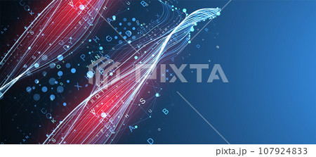 Abstract flowing wave lines with letters and plexus effect. Design element for technology, science, modern concept. Abstract flowing wave lines with letters and plexus effect. Design element for technology, science, modern concept. 107924833