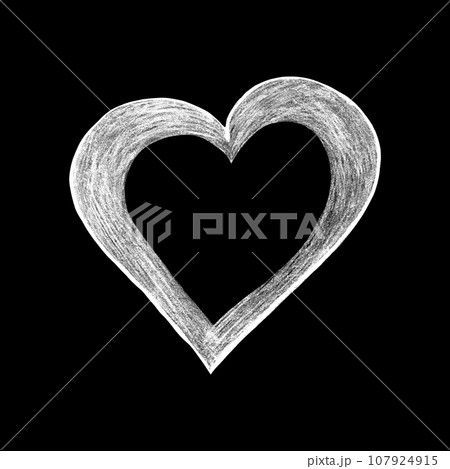 White Heart Drawn by Colored Pencil. The Sign of World Heart Day. Symbol of Valentines Day. Heart Shape Drawn bu Chalk Isolated on Black Background. 107924915