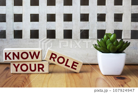 Three wooden blocks with the words KNOW YOUR ROLE. 107924947