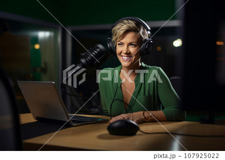 Woman with ash hair in studio recording a blog, woman 40-50 years old in headphones in front of microphone, recording podcasts, blogging Woman with ash hair in studio recording a blog, woman 40-50 years old in headphones in front of microphone, recording podcasts, blogging 107925022