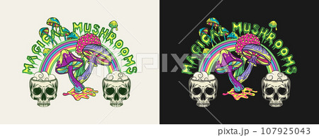 Label with text, colorful mushrooms, psychedelic rainbow, human half skull, text Magic Mushrooms. Concept of madness. Vintage style. Not AI 107925043