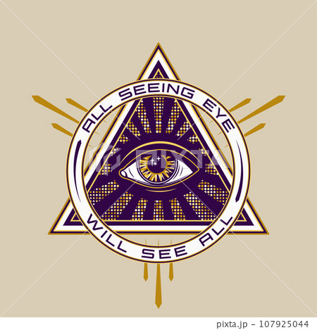 Circular emblem with all seeing eye, eye of providence, text Concept of intuition, expansion of consciousness Colorful psychedelic illustration in mystical style For clothing, apparel, T-shirts design Circular emblem with all seeing eye, eye of providence, text Concept of intuition, expansion of consciousness Colorful psychedelic illustration in mystical style For clothing, apparel, T-shirts design 107925044