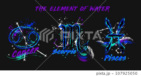 Set with grunge labels witn icons of zodiac sign Cancer, Scorpio, Pisces with constellation, text, paint splatter, smudge, brush strokes. Horoscope esoteric element of the element of water Set with grunge labels witn icons of zodiac sign Cancer, Scorpio, Pisces with constellation, text, paint splatter, smudge, brush strokes. Horoscope esoteric element of the element of water 107925050