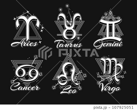 Set of black and white icons of zodiac sign Aries, Taurus, Gemini, Cancer, Leo, Virgo with constellation, text, triangle as alchemical symbol of the elements. Horoscope symbols on black background Set of black and white icons of zodiac sign Aries, Taurus, Gemini, Cancer, Leo, Virgo with constellation, text, triangle as alchemical symbol of the elements. Horoscope symbols on black background 107925051
