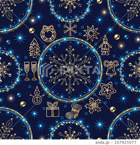 Seamless Christmas pattern with circular patterns with outline icons of Christmas objects, festive garland, blue lights, stars, sparkles, snowflakes made of jewelry gold chains. 107925077