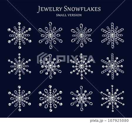 Set of small fancy snowflakes made of jewelry chains and ball beads. Elegant monochrome illustration for winter sales, christmas, new year holiday, gift decoration. Set of small fancy snowflakes made of jewelry chains and ball beads. Elegant monochrome illustration for winter sales, christmas, new year holiday, gift decoration. 107925080