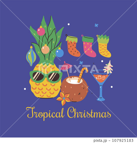 Tropical Christmas card with decorated pineapple in glasses. Vector graphics. Tropical Christmas card with decorated pineapple in glasses. Vector graphics. 107925183